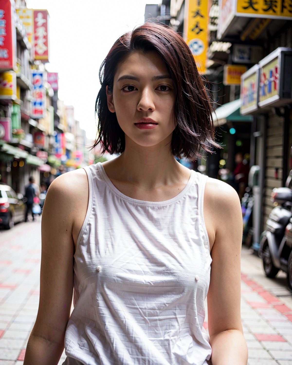 Ayaka Miyoshi, <lora:Ayaka Miyoshi:0.7>,a woman posing on the street corner with light orange high-neck dress on, best qua...